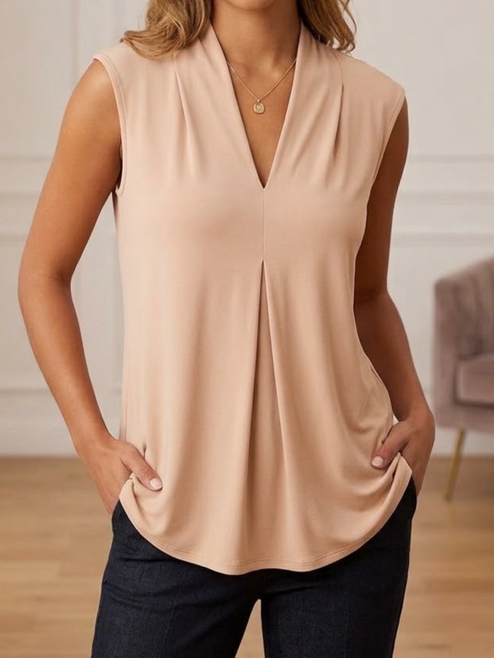 Cable & Gauge Sleeveless V-Neck Draped Camisole in Neutral Blush